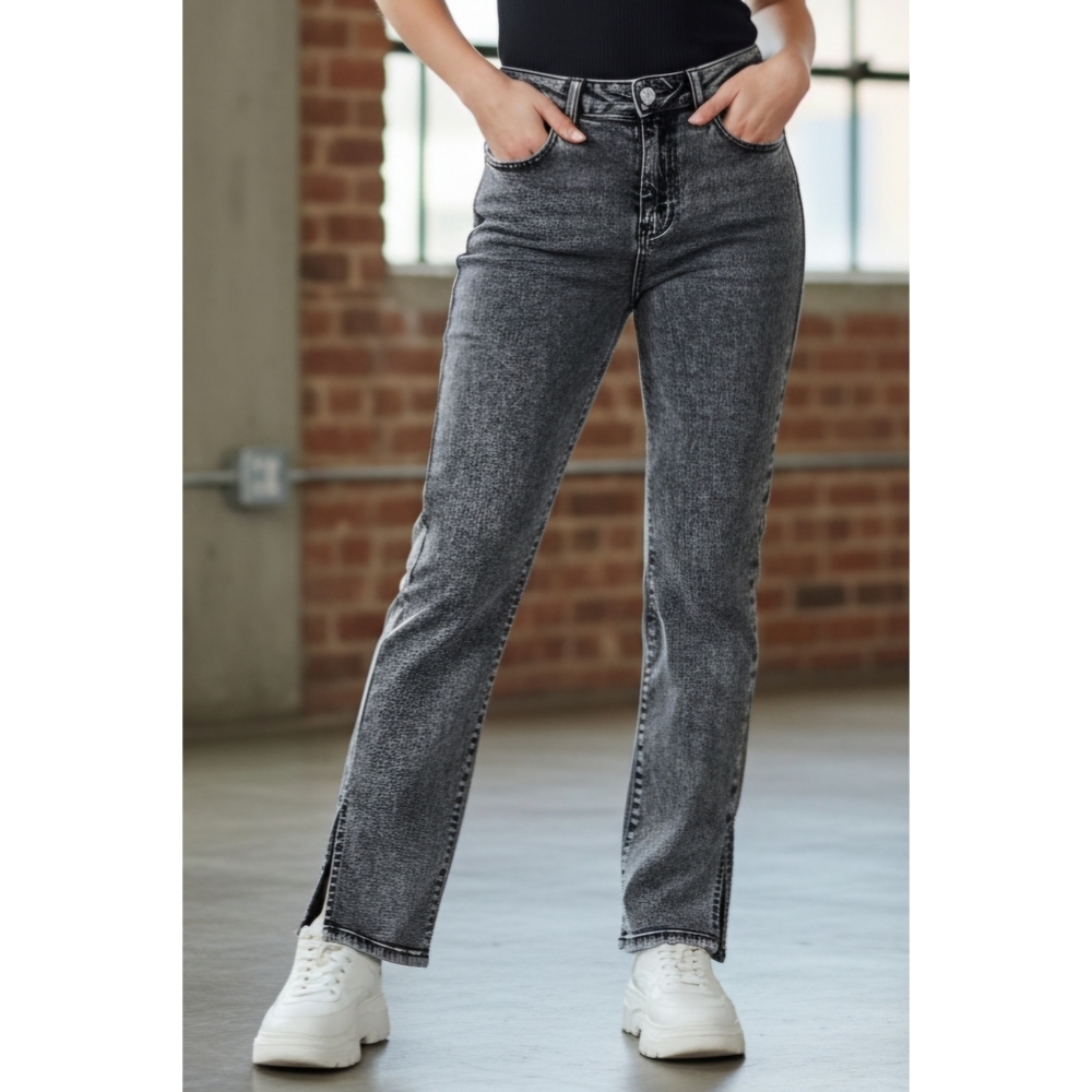 Woman's Black Acid Wash with Side Slit Jeans